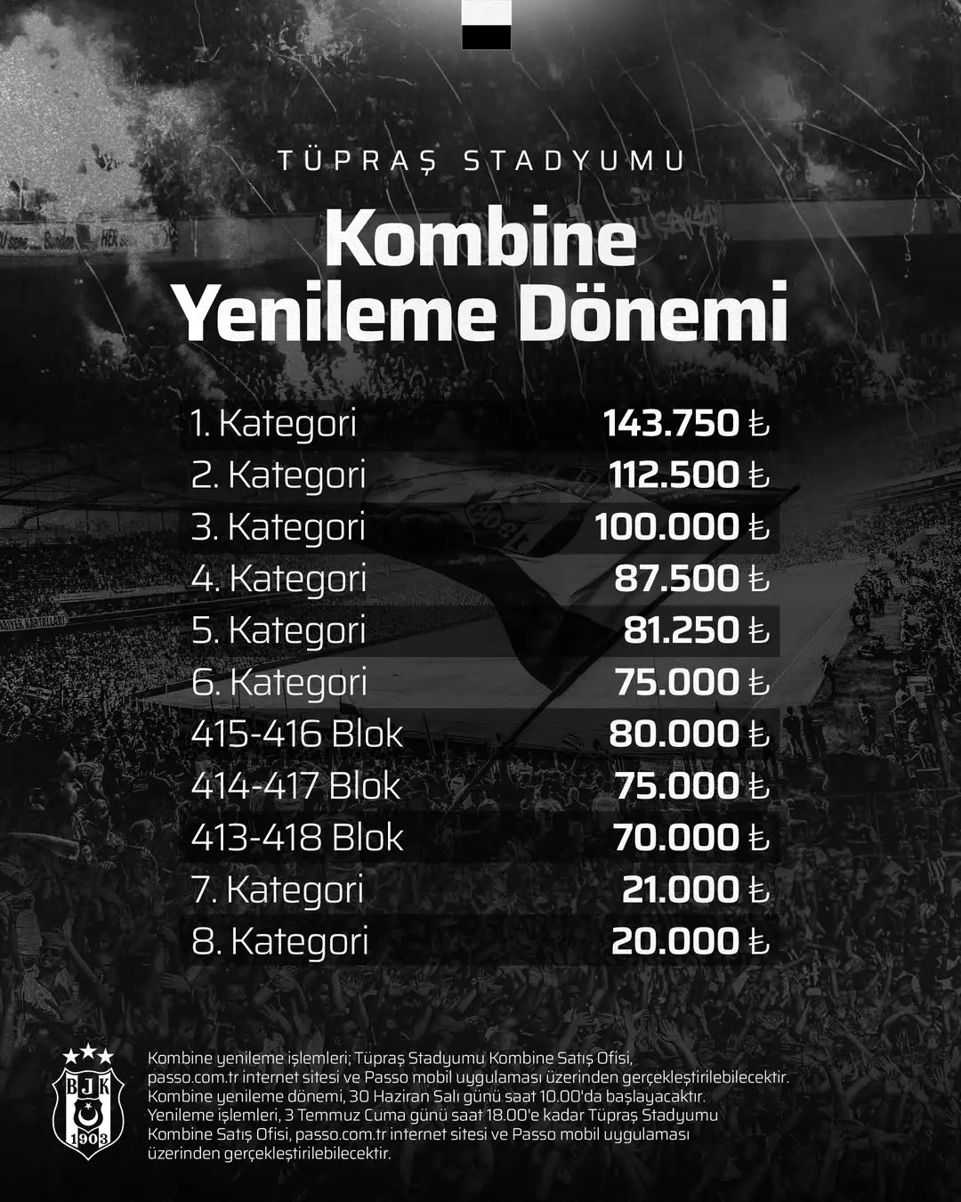 Beşiktaş’ın 2026-2027 Sezonu Tüpraş Stadyumu Kombine Yenileme Dönemi Başlıyor